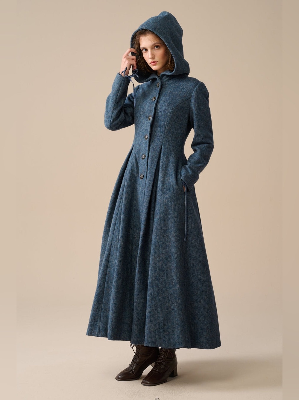 My Fair Lady Long Hooded Trench Coat in Slate Blue